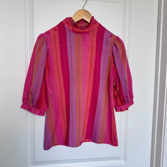 Vintage Retro 80s Striped Blouse Pink and Purple - Picture 1 of 9